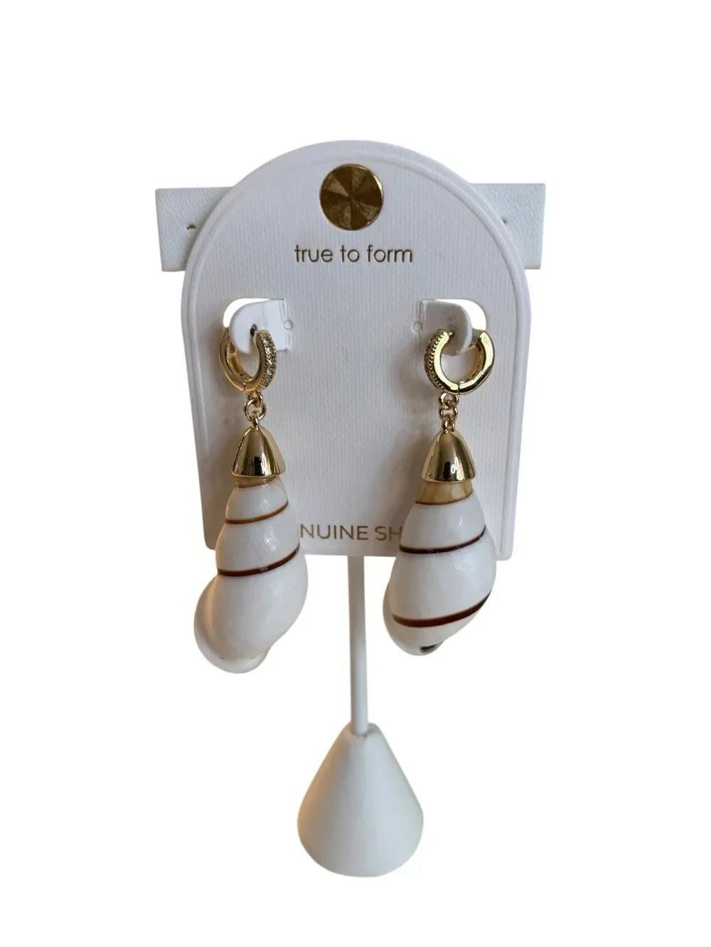 True to Form Small Pave Huggie Hoop Conch Shell Drop Earrings.